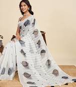 White digital print with jari border linan saree with blouse