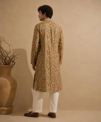 Sage green floral printed chanderi kurta and pant 4