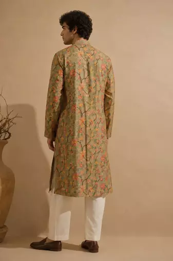 Sage green floral printed chanderi kurta and pant