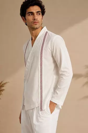 White embroidered malai cotton short kurta