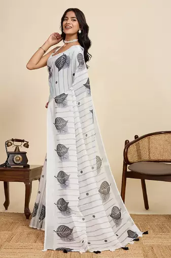 White digital print with jari border linan saree with blouse