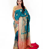 Peacock and Blue and Pink embroidered silk saree with blouse