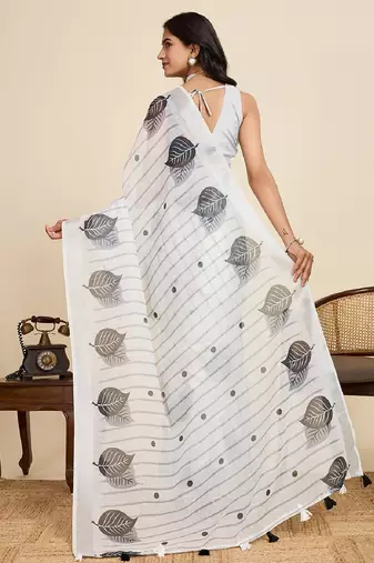 White digital print with jari border linan saree with blouse