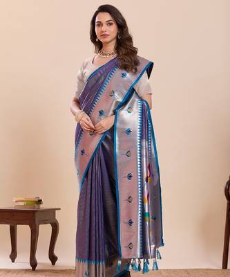 grey golden zari work pure silk blend saree with blouse 1