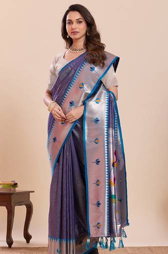 grey golden zari work pure silk blend saree with blouse