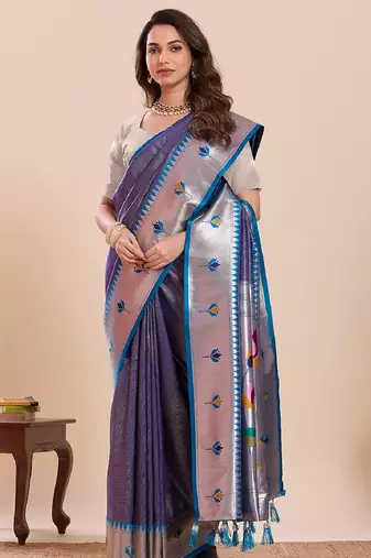 grey golden zari work pure silk blend saree with blouse