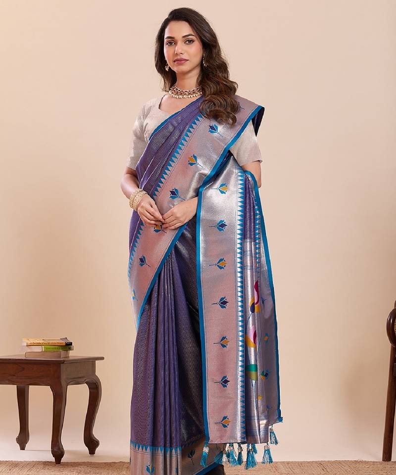 grey golden zari work pure silk blend saree with blouse