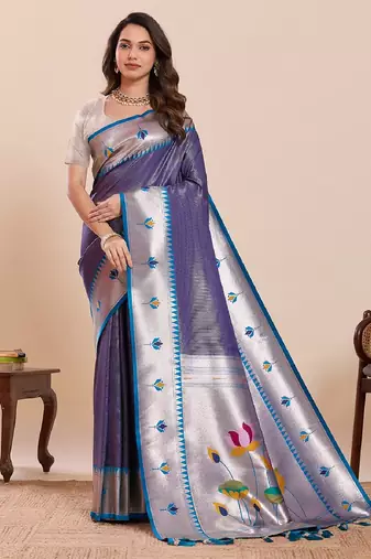 grey golden zari work pure silk blend saree with blouse