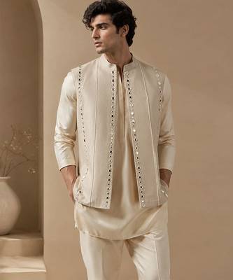 Beige embroidered cotton silk nehru jacket 1