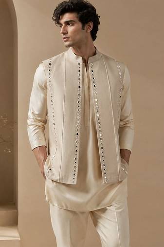 Beige embroidered cotton silk nehru jacket