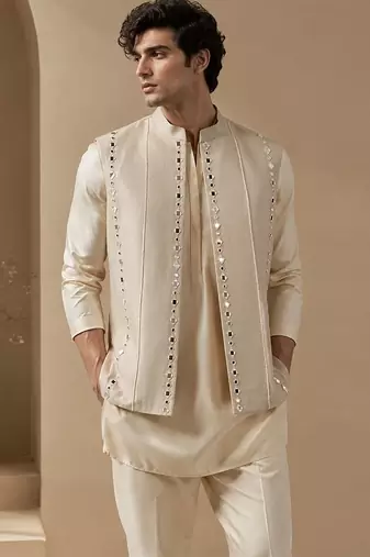 Beige embroidered cotton silk nehru jacket