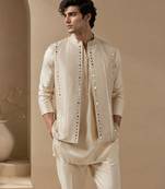 Beige embroidered cotton silk nehru jacket
