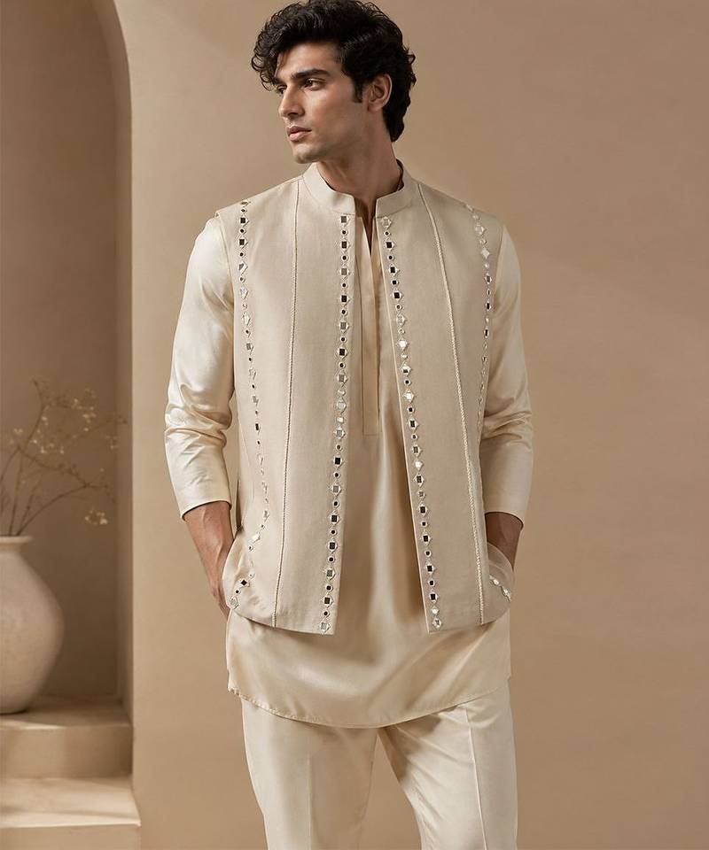 Beige embroidered cotton silk nehru jacket