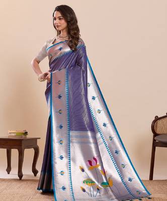 grey golden zari work pure silk blend saree with blouse 3