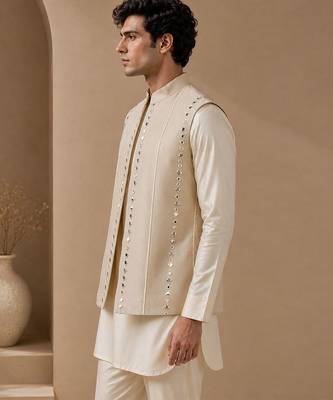 Beige embroidered cotton silk nehru jacket 2