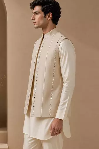 Beige embroidered cotton silk nehru jacket