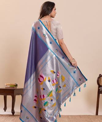 grey golden zari work pure silk blend saree with blouse 4