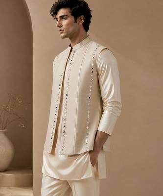 Beige embroidered cotton silk nehru jacket 3
