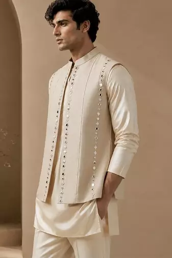 Beige embroidered cotton silk nehru jacket