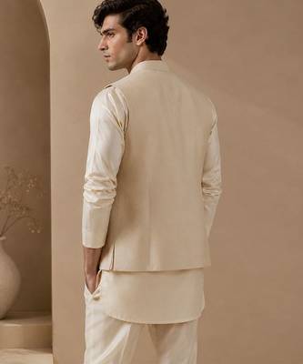 Beige embroidered cotton silk nehru jacket 4