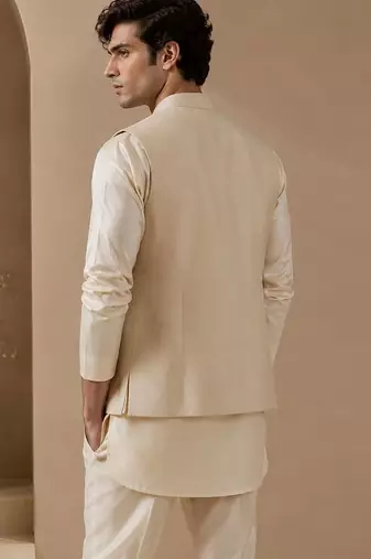 Beige embroidered cotton silk nehru jacket