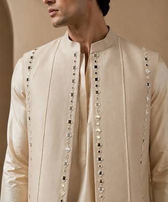 Beige embroidered cotton silk nehru jacket 5
