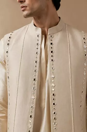 Beige embroidered cotton silk nehru jacket