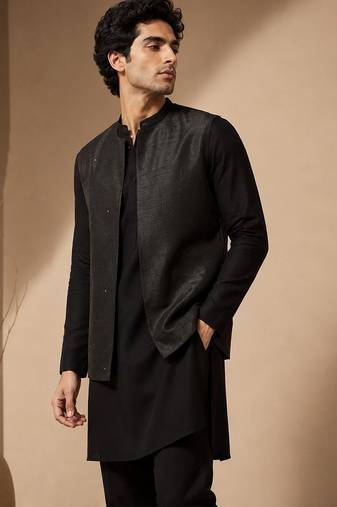 Black bemberg silk nehru jacket