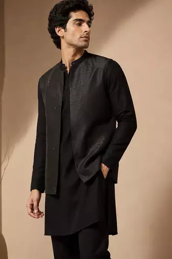 Black bemberg silk nehru jacket
