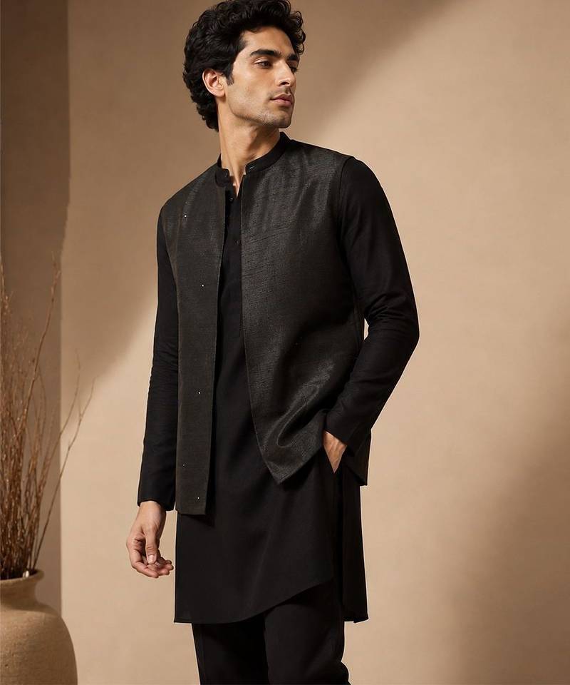 Black bemberg silk nehru jacket