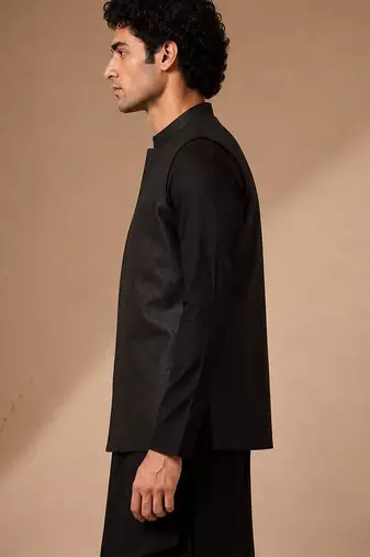 Black bemberg silk nehru jacket