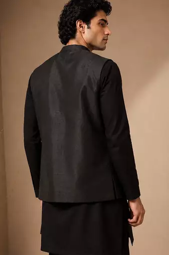 Black bemberg silk nehru jacket