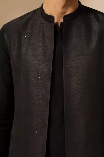 Black bemberg silk nehru jacket