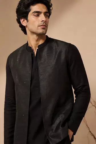 Black bemberg silk nehru jacket