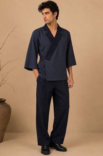 Navy blue chanderi silk kimono wrap co ord set