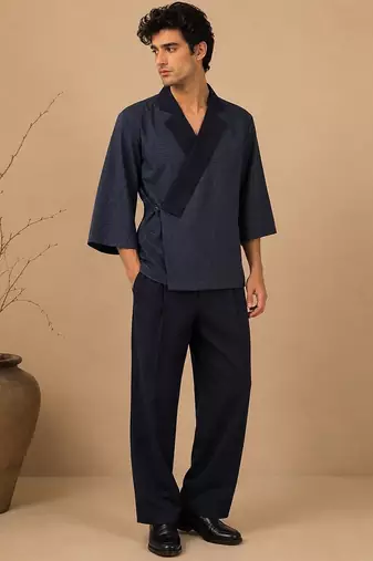 Navy blue chanderi silk kimono wrap co ord set