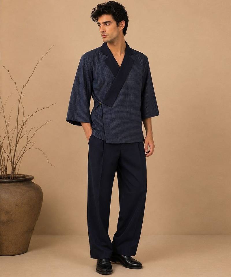 Navy blue chanderi silk kimono wrap co ord set