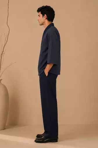 Navy blue chanderi silk kimono wrap co ord set