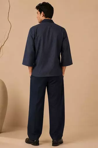 Navy blue chanderi silk kimono wrap co ord set