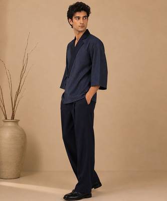 Navy blue chanderi silk kimono wrap co ord set 4