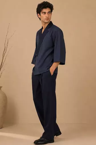 Navy blue chanderi silk kimono wrap co ord set