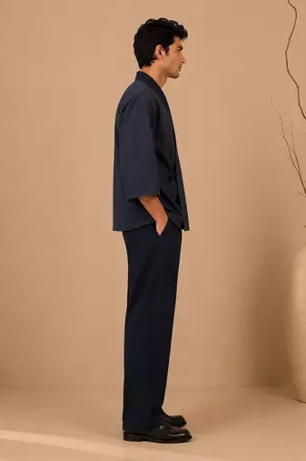 Navy blue chanderi silk kimono wrap co ord set