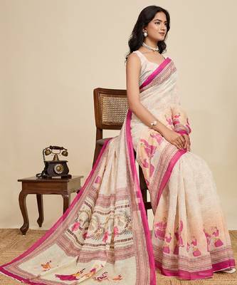 Peach digital print with jari border linan saree with blouse 1