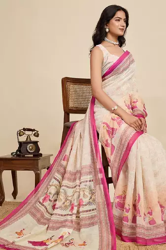 Peach digital print with jari border linan saree with blouse