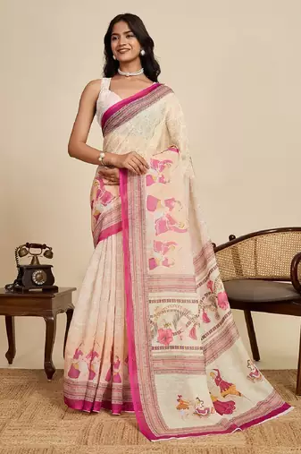 Peach digital print with jari border linan saree with blouse