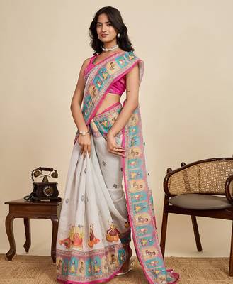 Dark pink digital print with jari border linan saree with blouse 1
