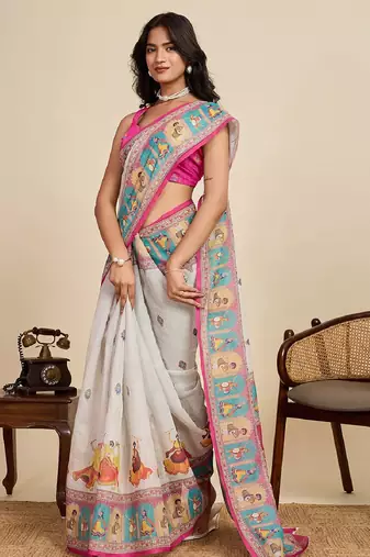 Dark pink digital print with jari border linan saree with blouse