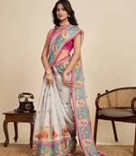 Dark pink digital print with jari border linan saree with blouse