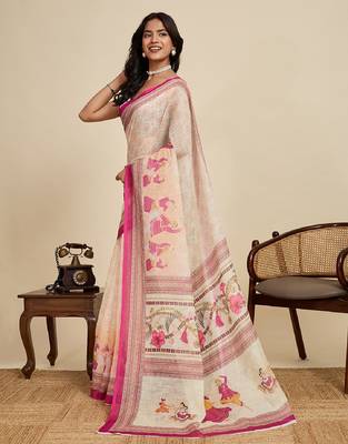 Peach digital print with jari border linan saree with blouse 3