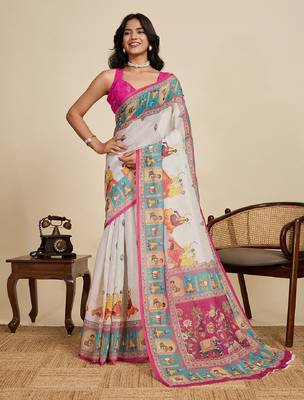 Dark pink digital print with jari border linan saree with blouse 2